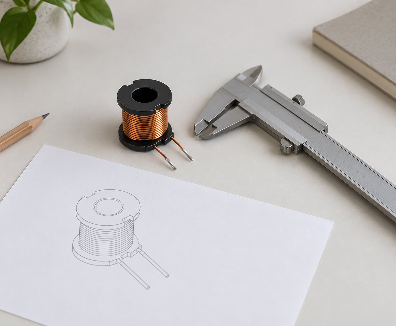 Illustration of a coil sample, outline drawing and caliper for specification review