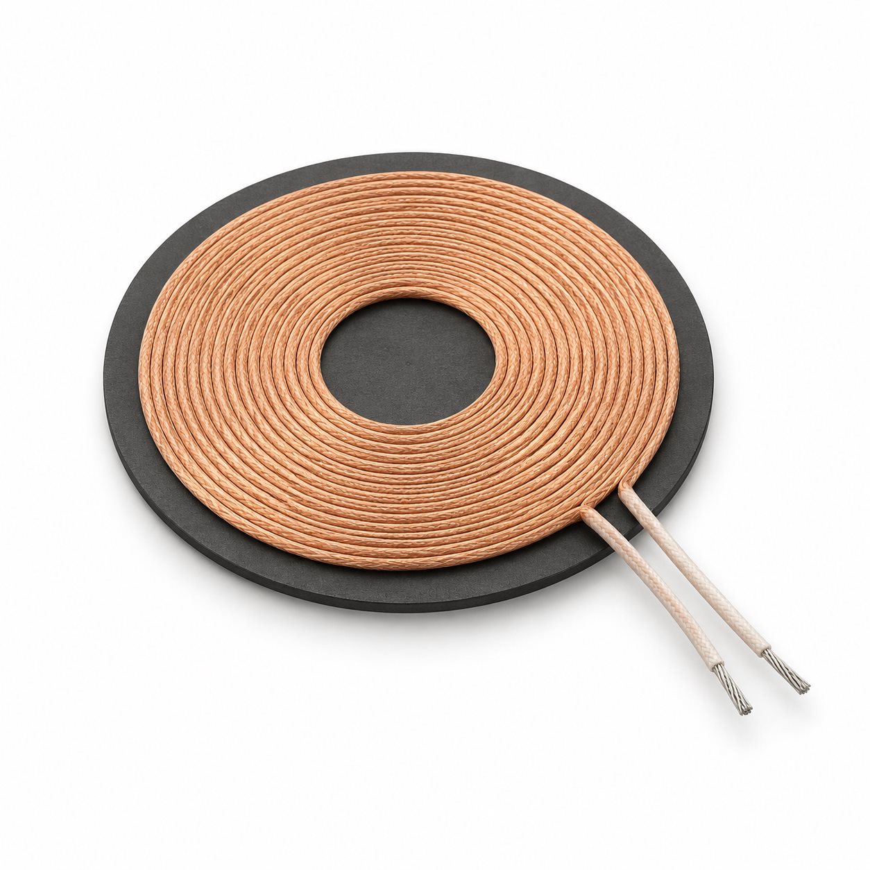 Illustration of a flat wireless charging coil with magnetic backing and two leads