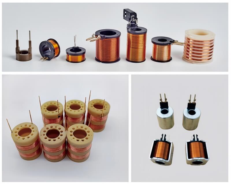 Solenoid winding examples with different bobbins and terminal arrangements