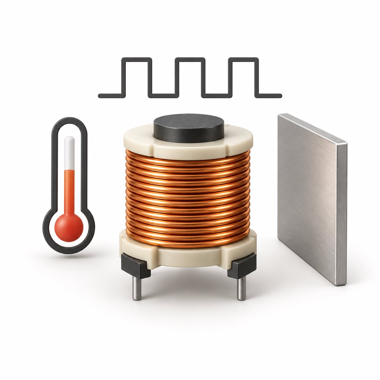 Conceptual illustration of temperature, duty cycle and nearby metal around a coil